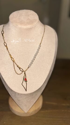 Stainless Goudkleurige Ketting met Parel en Palestina Watermeloen Hanger