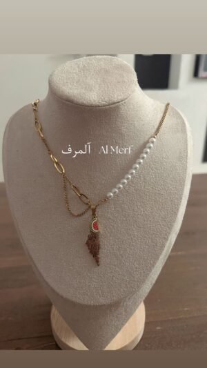 Stainless Goudkleurige Ketting met Parel en Arabiasche Palestina Watermeloen Hanger